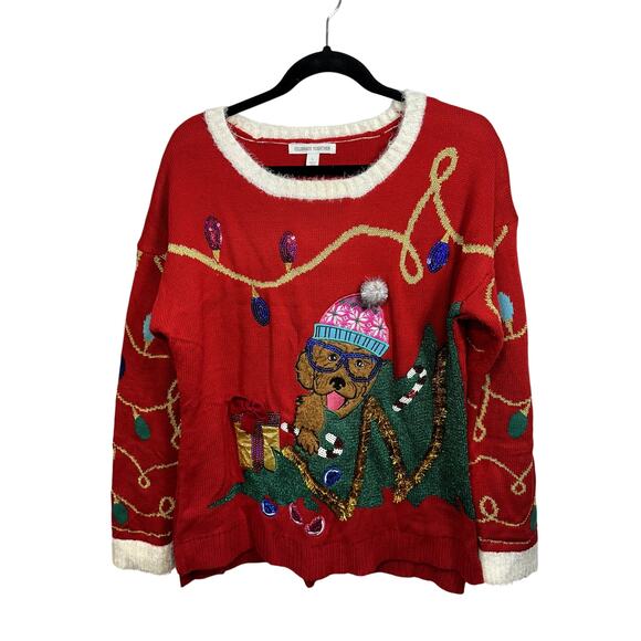 Ugly Christmas Sweater Womens L Embroidered Sequin Dog Graphic Holiday Party VTG - Picture 1 of 11